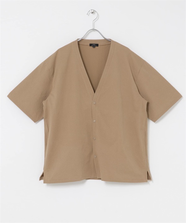 涼感/防潑水/防汙高機能泡泡紗五分袖開襟衫(膚色-M-BEIGE)