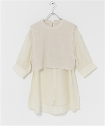 針織背心拼接襯衫(米色-FREE-OFF WHITE)