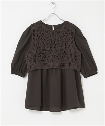 蕾絲背心拼接長版罩衫(棕色-FREE-BROWN)