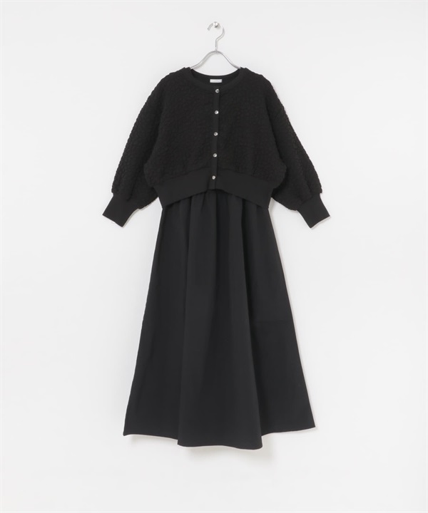 【成套組合】浮凸緹花開襟衫 × 洋裝(黑色-FREE-BLACK)