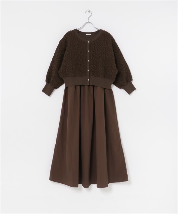 【成套組合】浮凸緹花開襟衫 × 洋裝(棕色-FREE-BROWN)