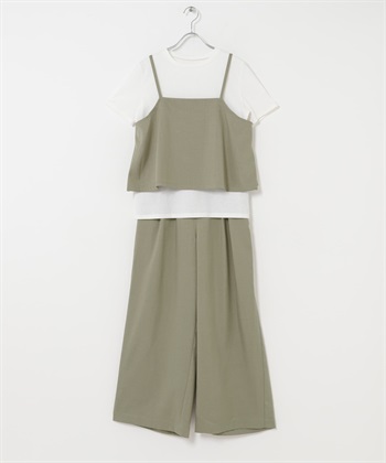 【成套組合】仿亞麻細肩帶背心 × 長褲 × T恤(卡其綠-FREE-其他綠色)