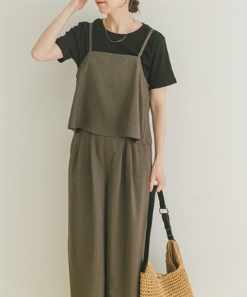 【成套組合】仿亞麻細肩帶背心 × 長褲 × T恤