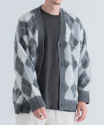 菱格紋馬海毛寬版針織開襟衫