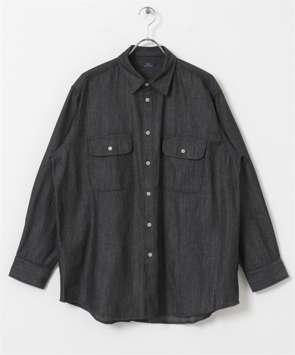 雙口袋水洗感牛仔襯衫(黑色-M-BLACK)