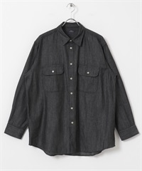 雙口袋水洗感牛仔襯衫(黑色-M-BLACK)