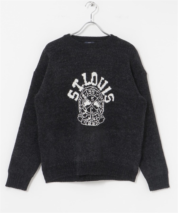 學院風LOGO雪尼爾紗圓領針織衫(黑色-M-BLACK)