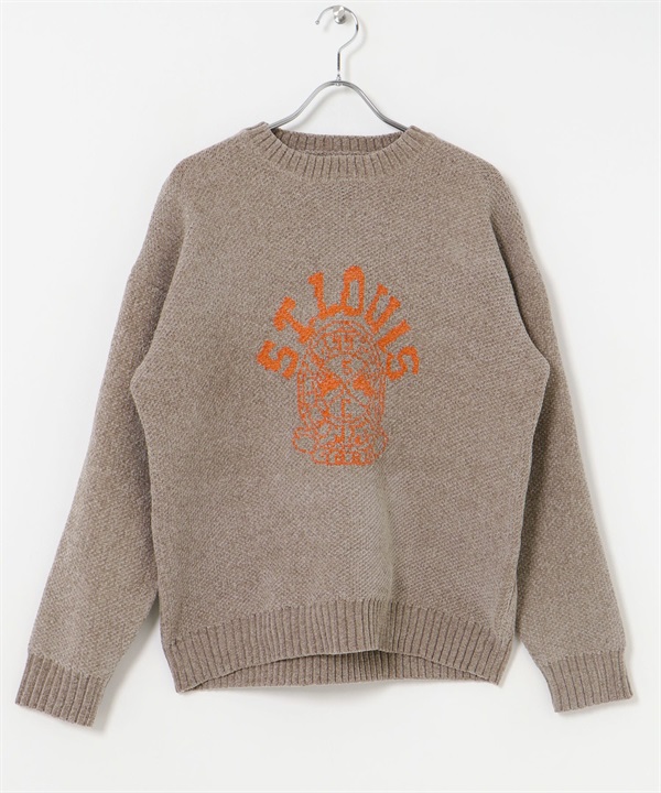 學院風LOGO雪尼爾紗圓領針織衫(膚色-M-BEIGE)