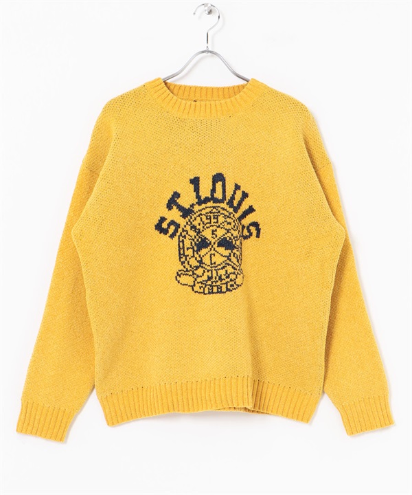 學院風LOGO雪尼爾紗圓領針織衫(芥末黃-M-MUSTARD)