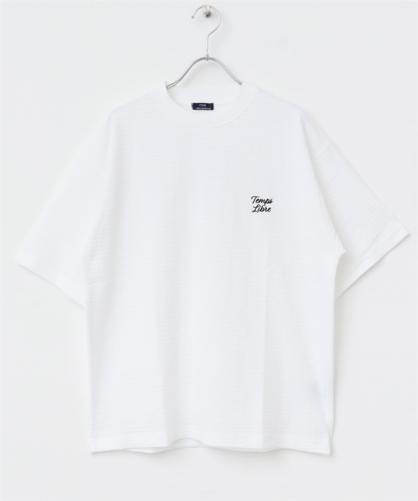 刺繡格紋緹花T恤(白色-M-WHITE)