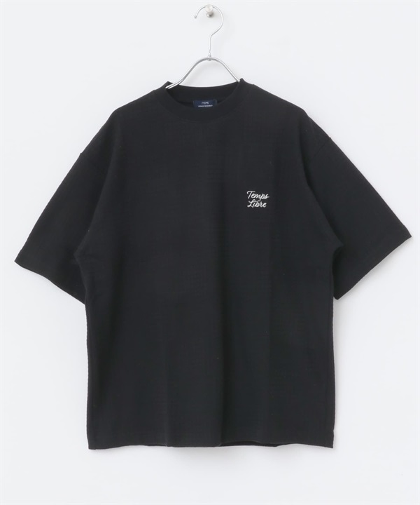 刺繡格紋緹花T恤(黑色-M-BLACK)