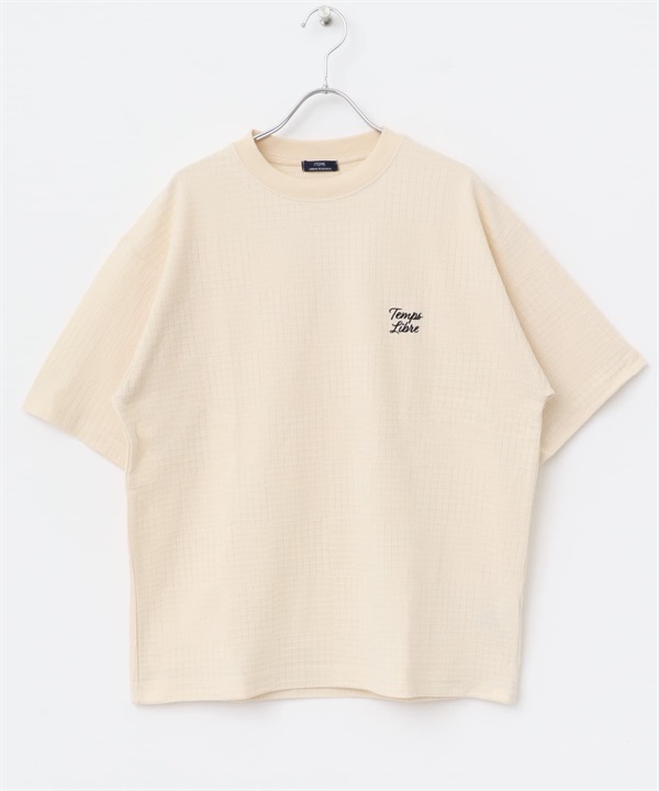 刺繡格紋緹花T恤(膚色-M-BEIGE)