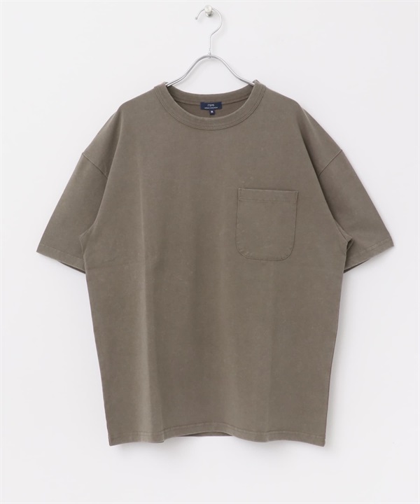 仿舊加工圓領口袋T恤(棕色-M-BROWN)