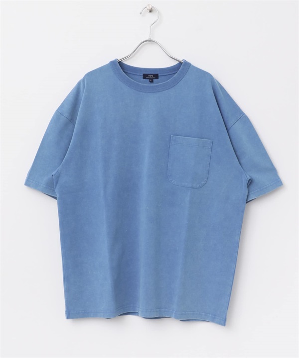 仿舊加工圓領口袋T恤(藍色-M-BLUE)