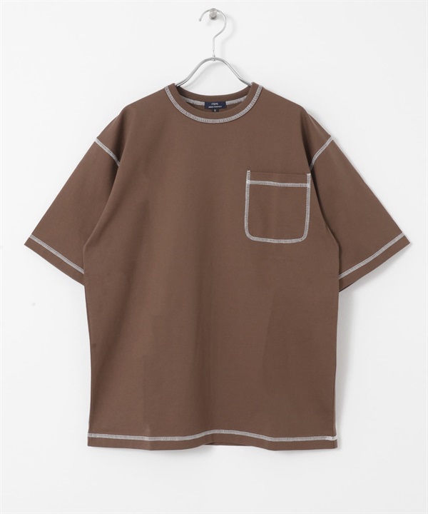 配色縫線圓領T恤(棕色-S-BROWN)
