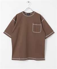配色縫線圓領T恤(棕色-S-BROWN)