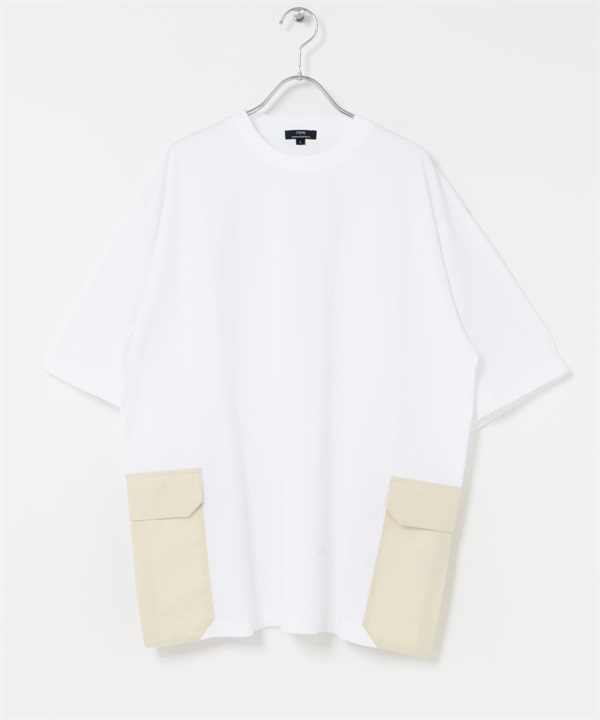 側邊口袋拼接圓領T恤(WHITE-M-WHITE)