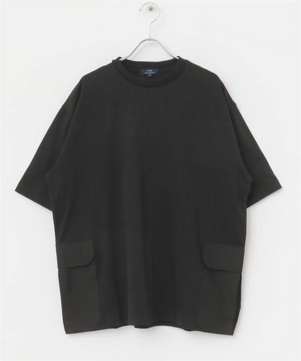 側邊口袋拼接圓領T恤(黑色-M-BLACK)