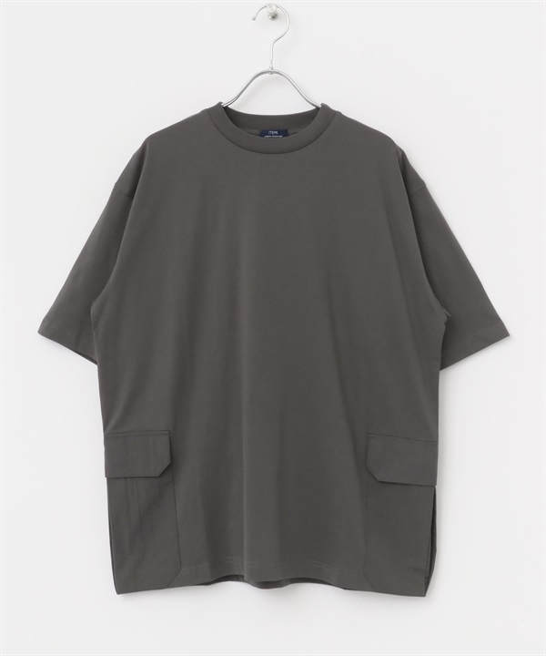 側邊口袋拼接圓領T恤(炭灰色-M-CHARCOAL GRAY)