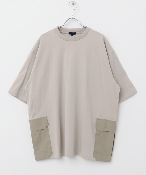 側邊口袋拼接圓領T恤(灰膚色-M-其他灰色)