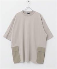 側邊口袋拼接圓領T恤(灰膚色-M-其他灰色)