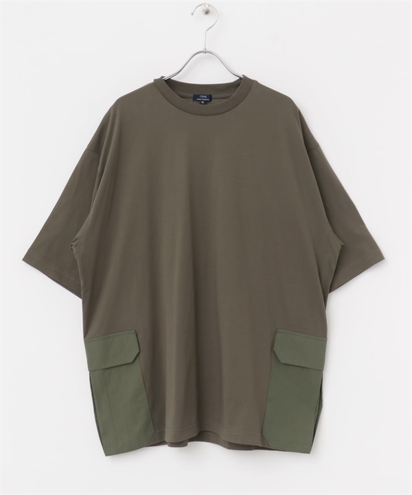 側邊口袋拼接圓領T恤(卡其綠-M-KHAKI)