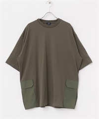 側邊口袋拼接圓領T恤(卡其綠-M-KHAKI)