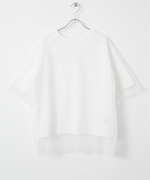 薄紗層次設計五分袖T恤(白色-FREE-WHITE)