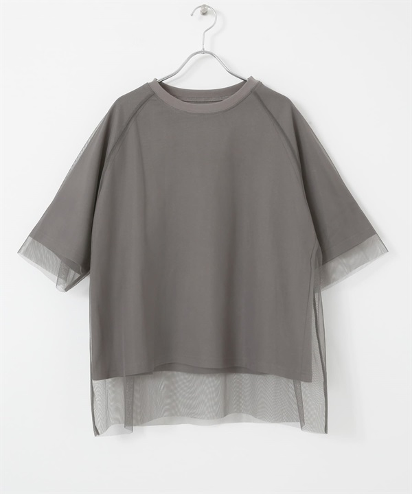 薄紗層次設計五分袖T恤(炭灰色-FREE-CHARCOAL GRAY)