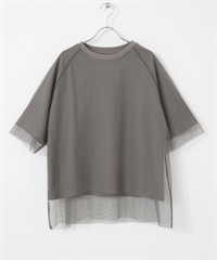 薄紗層次設計五分袖T恤(炭灰色-FREE-CHARCOAL GRAY)