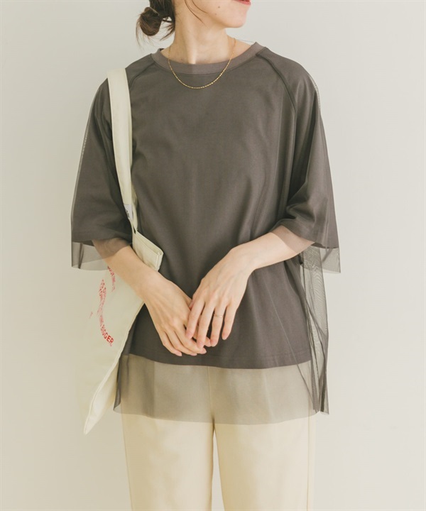薄紗層次設計五分袖T恤