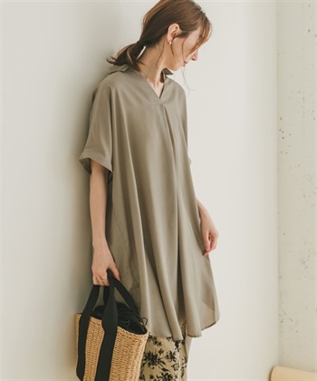 V字領緣法式袖長版上衣