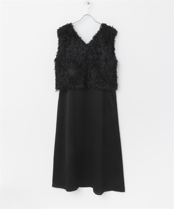 【成套組合】羽毛紗背心 x 細肩帶洋裝(黑色-FREE-BLACK)