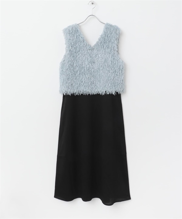 【成套組合】羽毛紗背心 x 細肩帶洋裝(淺藍色-FREE-LIGHT BLUE)