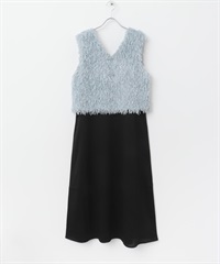 【成套組合】羽毛紗背心 x 細肩帶洋裝(淺藍色-FREE-LIGHT BLUE)