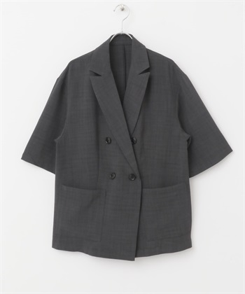 仿亞麻五分袖西裝外套(炭灰色-FREE-CHARCOAL GRAY)