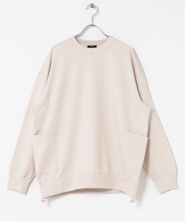 側邊口袋長袖羅馬布上衣(膚色-M-BEIGE)