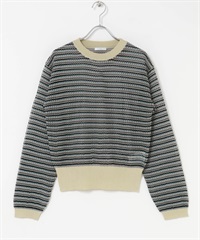 透膚橫紋長袖針織衫(米色-FREE-OFF WHITE)