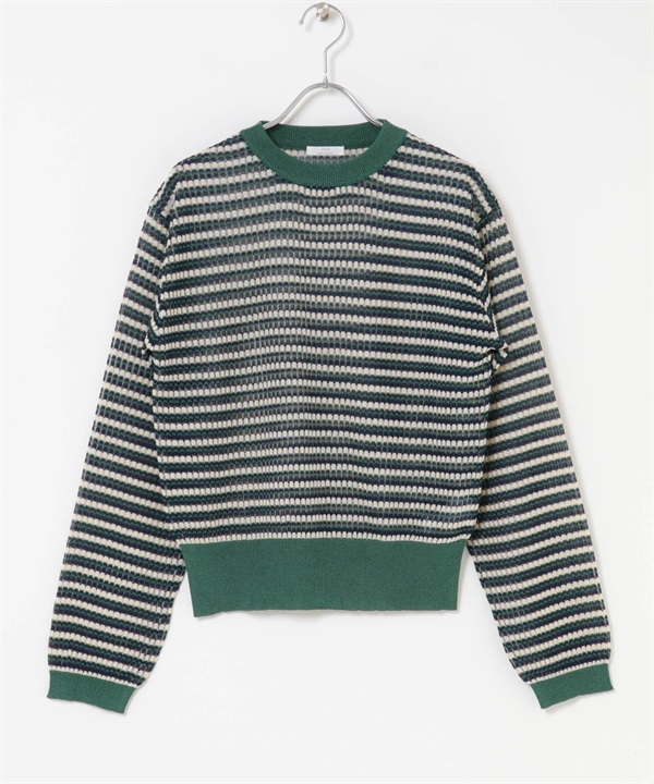 透膚橫紋長袖針織衫(綠色-FREE-GREEN)