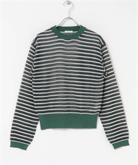 透膚橫紋長袖針織衫(綠色-FREE-GREEN)