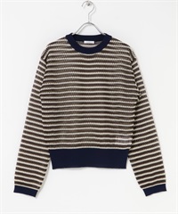 透膚橫紋長袖針織衫(藏青色-FREE-NAVY)