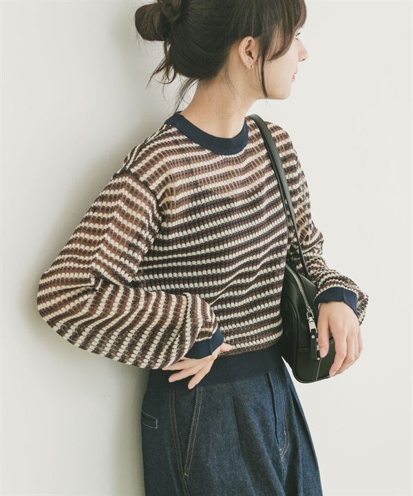 透膚橫紋長袖針織衫