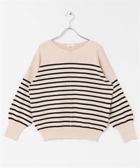 可機洗外接縫V領針織衫(條紋-FREE-其他白色)