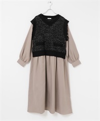 粗花呢針織拼接洋裝(黑色-FREE-BLACK)