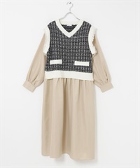 粗花呢針織拼接洋裝(黑色×白色-FREE-其他黑色)