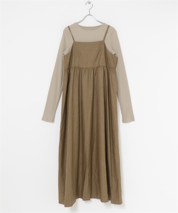 【成套組合】內搭上衣 × 細肩帶洋裝(膚色×棕色-FREE-其他膚色)