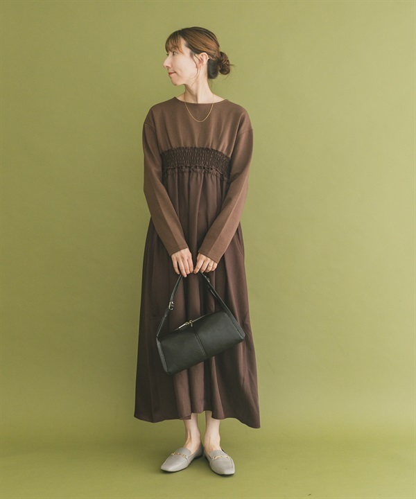 抽褶縫拼接洋裝
