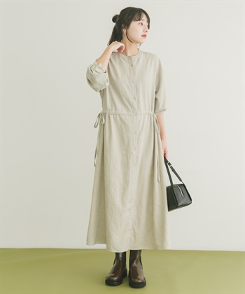 腰部碎褶長袖洋裝