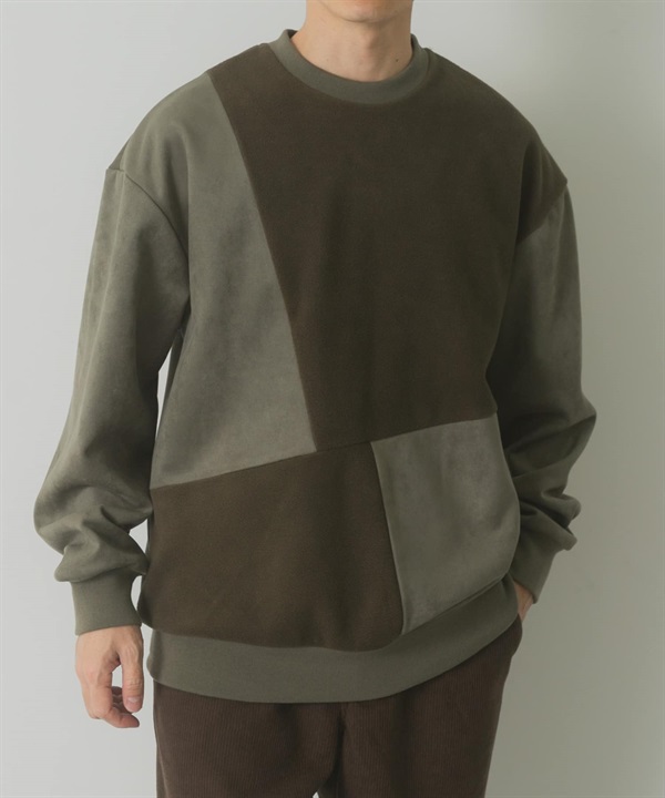 內刷毛仿麂皮拼接套衫