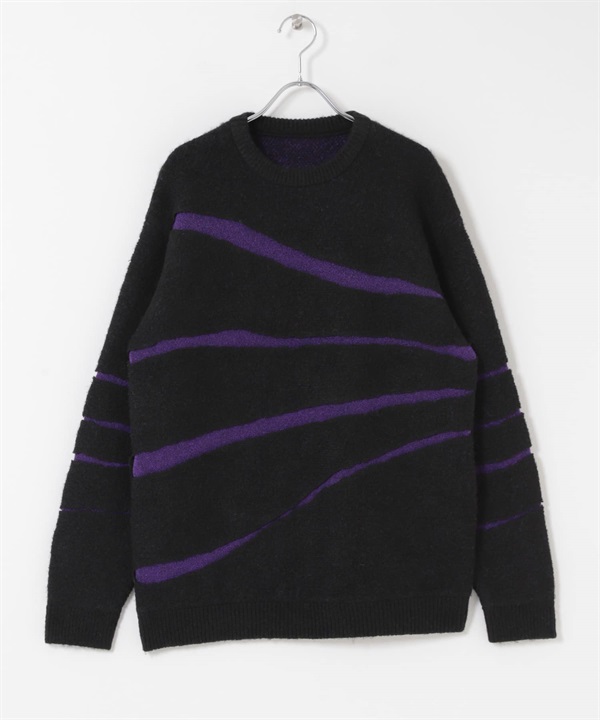 裂紋圓領針織衫(黑色-M-BLACK)